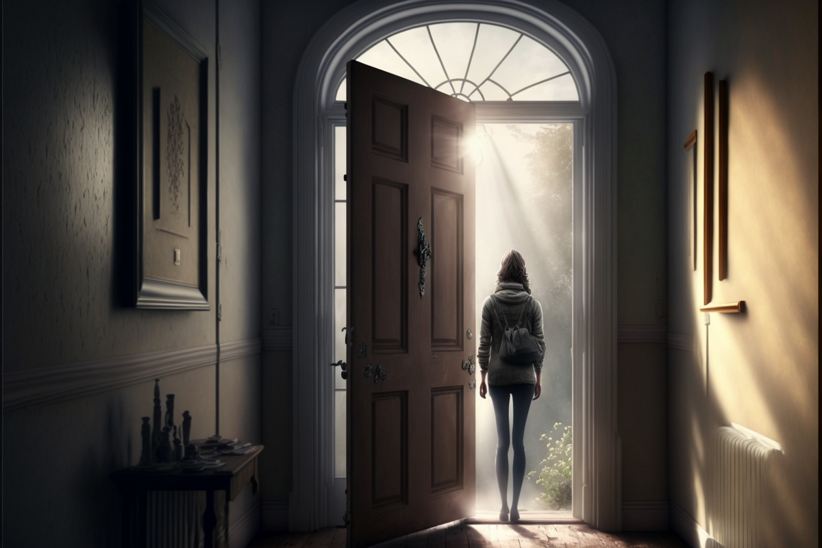 woman walking through a door